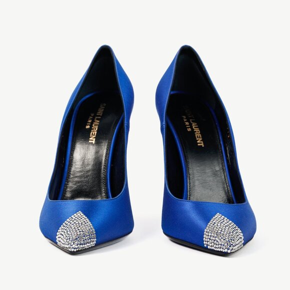 Saint Laurent Tower 110 Bleu Silk Satin Strass-Embellished Pointed-Toe Pumps - Picture 2 of 12